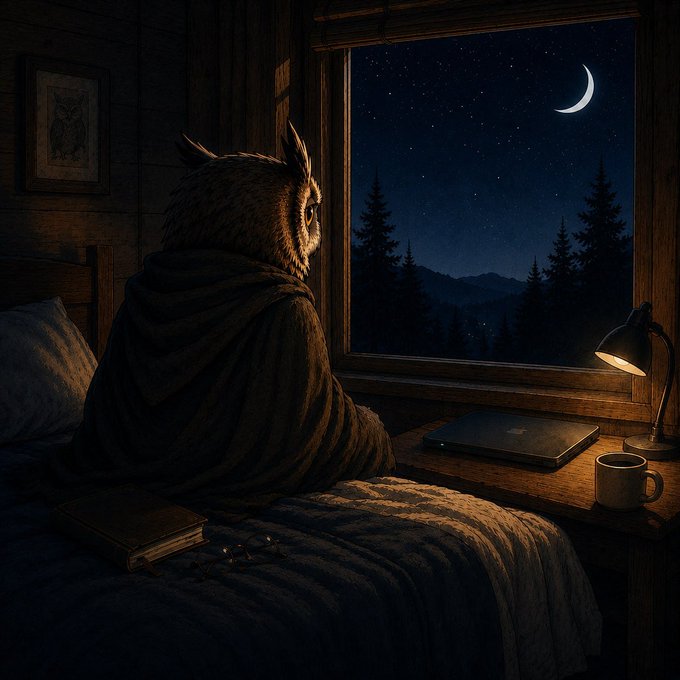 Illustration of an owl wrapped in a dark cloak sitting on a bed, looking out a window at a starry night sky with a crescent moon.