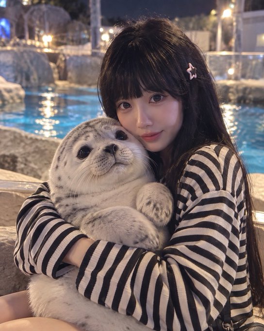 A young woman with long dark hair, wearing a striped sweater and a star hair clip, holds and poses with a fluffy seal plushie in front of an indoor pool.