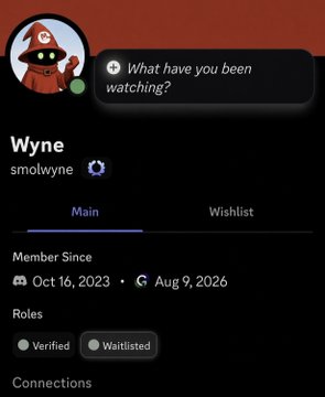 A Discord profile for user "Wyne" (@smolwyne) displays a Verified and Waitlisted role status, with a message bubble asking "What have you been watching?" The image relates to the accompanying post by showing proof of claiming the "waitlist" role on Discord for early access to GoDark DEX, a Solana-based private decentralized exchange.