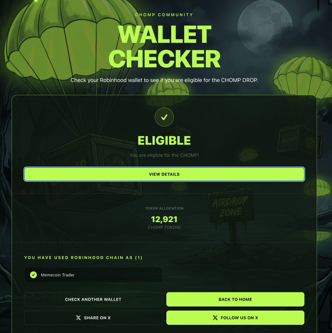 A screenshot of the "Wallet Checker" page from the Chomp Community website, displaying an "ELIGIBLE" status with a token allocation of 12,921 CHOMP tokens for a Memecoin Trader wallet that has used the Robinhood Chain. The page features a spooky nighttime background with parachuting crates and a moon, along with buttons to check another wallet, share on X, or follow on X.