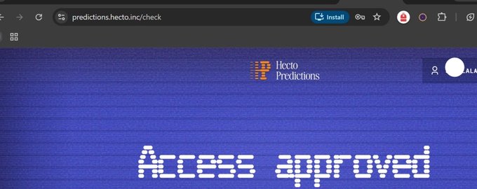 A screenshot of a web browser displaying the URL 'predictions.hecto.inc/check' with a pixelated 'Access approved' message in white text on a purple background, next to the Hectro Predictions logo.