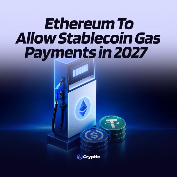 A stylized gas pump with the Ethereum logo sits alongside stacks of USDC and Tether coins beneath the headline "Ethereum To Allow Stablecoin Gas Payments in 2027," visually illustrating the post's news that developers plan EIP-8141 for the Hegotá upgrade, which would let users pay Ethereum transaction fees using stablecoins rather than holding $ETH.