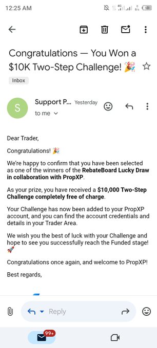 A mobile screenshot of an email titled "Congratulations — You Won a $10K Two-Step Challenge!" from Support P... regarding a PropXP RebateBoard Lucky Draw prize.