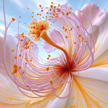 A close-up, surreal or AI-generated image of a flower with pink and white petals, featuring a central stamen structure with orange pollen-like spheres radiating outwards.