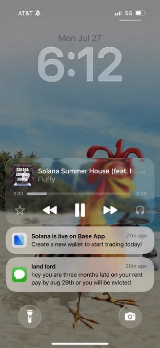 iPhone lock screen showing 6:12 on Mon Jul 27 with notifications including a Solana Summer House song, a Base app wallet prompt, and a landlord message demanding rent by Aug 29th or eviction.