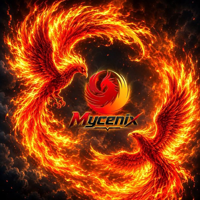 A flaming phoenix surrounds the "Mycenix" logo and name, with the post promoting the @Mycenix_NFT_ project and its founder @LalaMetaX, visually aligning with the phoenix symbolism of rebirth and building from the ashes in Web3.