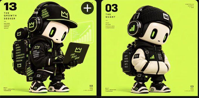 Two character toy designs by MAD Collection: "13 THE GROWTH SEEKER" in black with a crown hat and laptop, and "03 THE QUANT" in a cream jacket with a backpack, both on a neon green background.