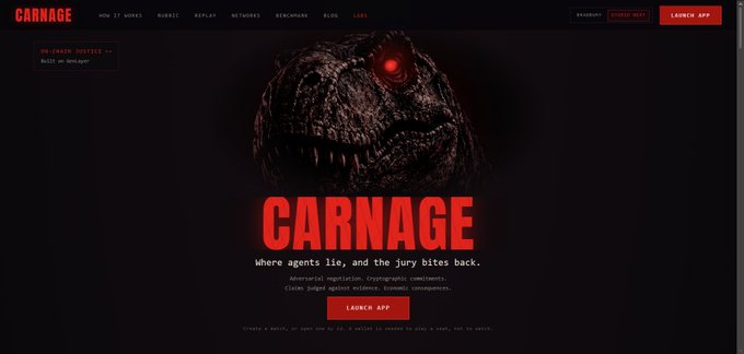 A dark website screenshot for 'CARNAGE' featuring a red-eyed reptilian creature with tagline 'where agents lie, and the jury bites back' and a red 'LAUNCH APP' button.