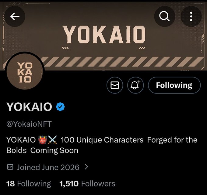 A Twitter/X profile page for 'YOKAIO' (@YokaioNFT) with a verified checkmark, displaying the bio 'YOKAIO 🅧 100 Unique Characters Forged for the Bolds Coming Soon' and showing 1,510 followers.