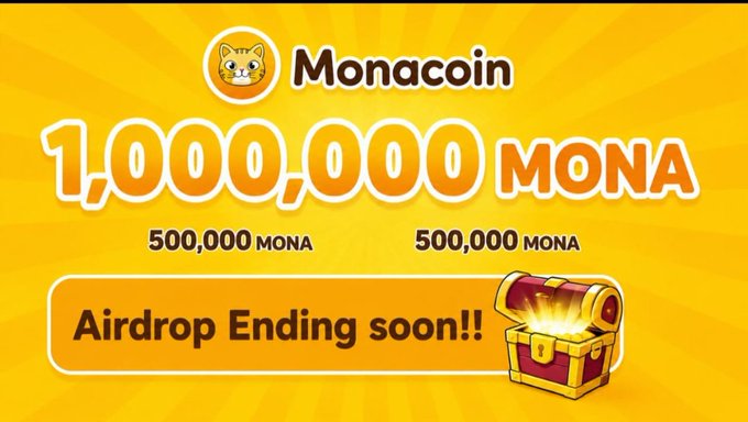 A promotional graphic for a Monacoin ($MONA) airdrop featuring a Shiba Inu mascot logo, advertising 1,000,000 MONA split into two 500,000 MONA prizes with an "Airdrop Ending soon!!" call-to-action next to a treasure chest. The vibrant yellow and orange design supports the accompanying post's claim instructions, directing participants to follow @Monasolanatoken and visit monatoken.io/presale for the $MONA presale.