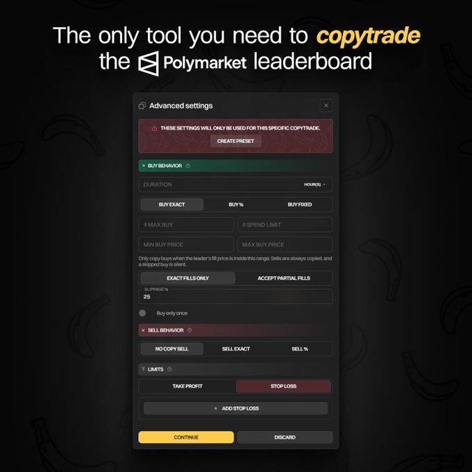 A screenshot of a trading interface titled 'The only tool you need to copytrade the Polymarket leaderboard,' displaying an Advanced settings menu with options for Buy Behavior, Sell Behavior, and Limits.
