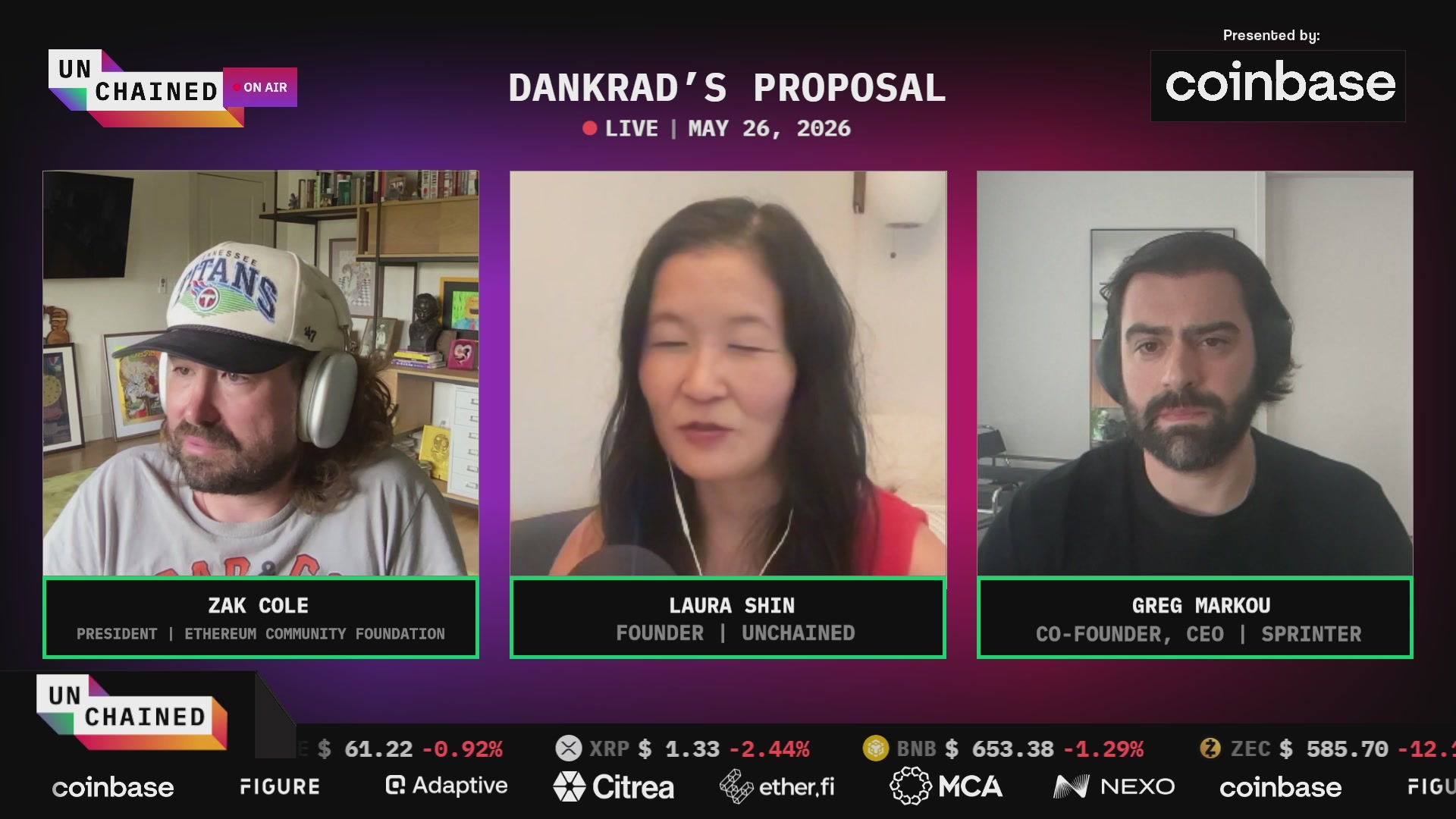 The image shows three people sitting behind a computer screen with their faces displayed on the screen. The person on the left side of the screen has a hat on, while the other two individuals are wearing headphones. They appear to be engaged in an online meeting or discussion about cryptocurrency and blockchain technology.