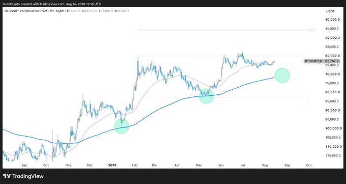 A TradingView daily chart of BTCUSDT perpetual contract shows Bitcoin's price oscillating between roughly $60,000-$80,000 from Feb-Aug 2026, with the blue 100-period SMA acting as dynamic support at three highlighted touchpoints (Nov 2025, May 2026, and the current price near $62,787), reinforcing the post's claim of a key support level to watch on the daily timeframe.