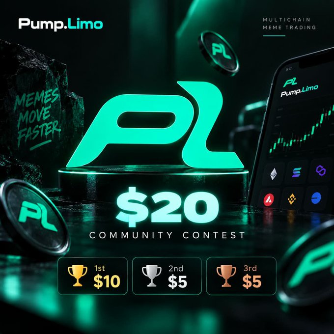 A Pump.Limo promotional graphic for a '$20 COMMUNITY CONTEST' for multichain meme trading, listing prizes for 1st ($10), 2nd ($5), and 3rd ($5) place.