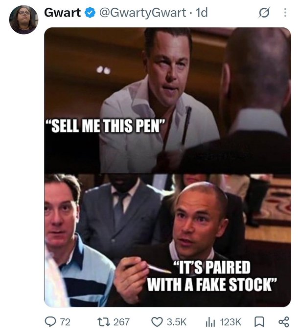 A two-panel meme from Elon Musk's "Sell Me This Pen" interview, edited so that the response becomes "IT'S PAIRED WITH A FAKE STOCK"—a jab at Musk endorsing low-quality or pump-and-dump tokens, fitting the "smolchained" callout about shady crypto tickers.