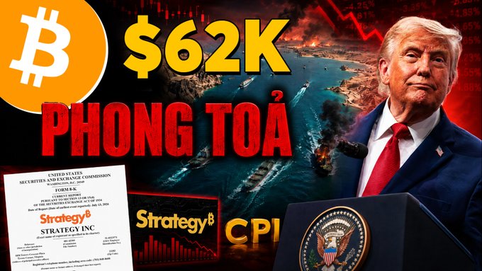 The image displays a dramatic scene with a Bitcoin symbol, the text "$62K PHONG TOA," Donald Trump, and a Form K-8 filing, likely symbolizing market downturns and geopolitical events impacting the market. This visual supports the post's theme of market distress, possibly due to a blockade and its effects on Bitcoin, crypto, and stocks.