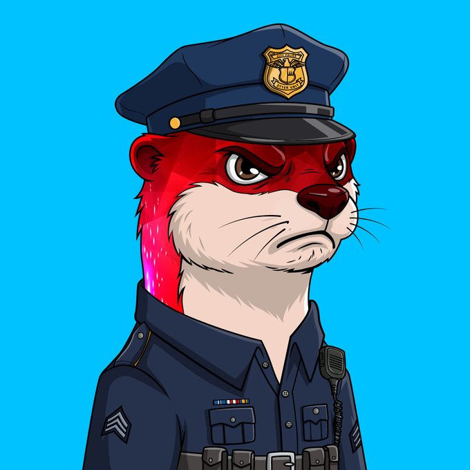 An anthropomorphic red fox or similar animal character wearing a police uniform with a cap featuring a badge, set against a blue background.