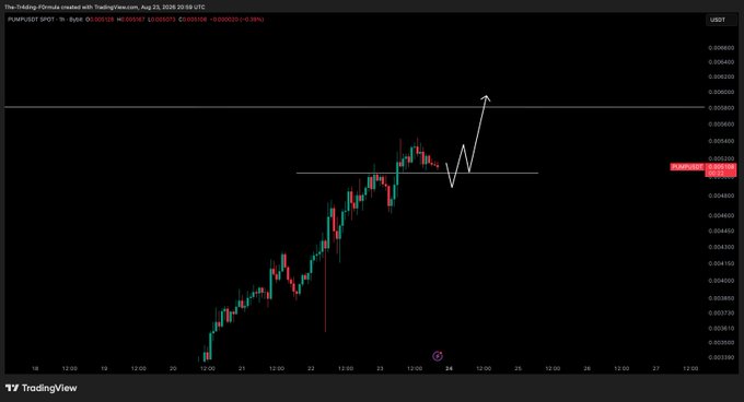 A TradingView chart of the PUMP/USDT trading pair on August 23, 2026, shows an uptrend with price action around 0.00512, featuring a hand-drawn white arrow pointing upward from a support zone near 0.00502, illustrating the trader's bullish outlook toward a profit-taking target of 5800.