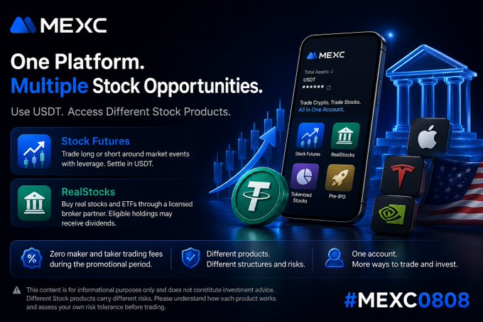 A MEXC advertisement reading 'One Platform. Multiple Stock Opportunities. Use USDT. Access Different Stock Products.' with feature highlights for Stock Futures, RealStocks, Tokenized Stocks, and Pre-IPO, tagged #MEXC0808.