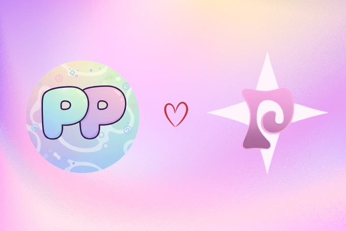The image shows two logos separated by a red heart on a pink gradient background: the "PP" logo of @pyopyopyo410 (likely the NFT project Pyopyo) on the left and a pink star-shaped emblem on the right, representing a partnership or collaboration. This visually illustrates the announcement's mention of their "first partnership" being with Pyopyo (PP).

**Caption:** A pink gradient background displays the "PP" logo of @pyopyopyo410 alongside a pink star emblem, separated by a red heart to signify their new partnership.