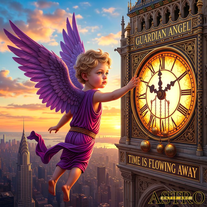 A digital artwork of a blonde child with large purple angel wings flying over a city at sunset, reaching toward an ornate clock labeled 'GUARDIAN ANGEL' and 'TIME IS FLOWING AWAY'.