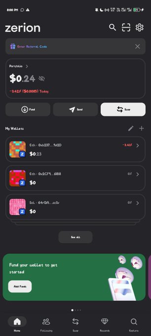 A screenshot of the Zerion crypto wallet app showing the NEIRO token at $0.24 with a -3.6% change and several NFT collectibles in the wallet.
