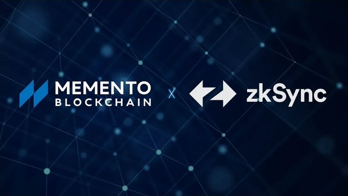 A partnership announcement graphic displaying the MEMENTO BLOCKCHAIN logo alongside the zkSync logo on a dark blue digital network background.