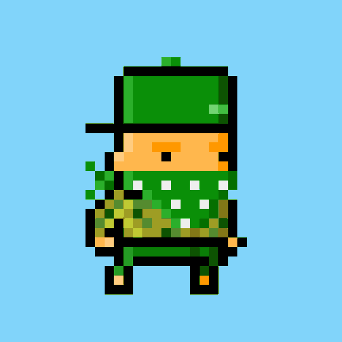 A pixel art character dressed in green clothing with a matching hat and a studded belt, depicted against a light blue background.