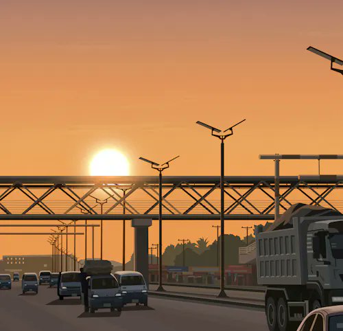 An illustrated sunset scene shows a highway overpass with traffic, streetlights, and palm trees against an orange sky.