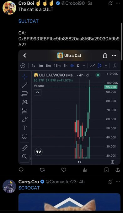 A screenshot from X (Twitter) by user @Croboi90 posting about '$ULTCAT' being 'a CULT', showing the contract address and a Dexscreener chart for ULTCAT/WCRO with a 41.57% gain.