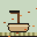 A pixel art image of a brown lever or switch mounted on a block, set against a light green background with orange particles floating around.