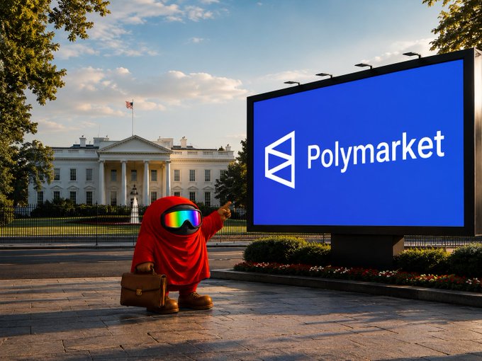 The image shows the Polymarket logo displayed on a large digital billboard, paired with a PlayStation Dreams-style character in a red robe and colorful ski goggles holding a briefcase, with the White House in the background. 

The caption: "A colorful masked figure in a red robe stands in front of the White House, pointing at a large billboard displaying the 'Polymarket' logo—symbolizing the platform's growing influence in political and crypto circles."