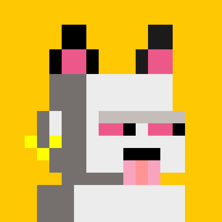 A pixel art depiction of a white cat character with pink cheeks and ears, featuring yellow lightning bolts on the side, set against a yellow background.