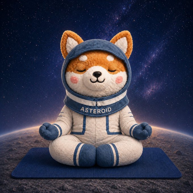 A plush toy resembling a Shiba Inu dog wearing a white and blue astronaut suit labeled 'ASTEROID', meditating on a blue mat against a starry space background.