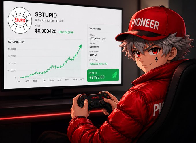 An anime-style character wearing a red "PIONEER" cap and matching jacket holds a game controller while looking at a trading chart for $STUPID, showing a price of $0.000420 with an 86.71% 24H increase and a profit of +$193.00. The image captures the playful, community-driven spirit of the $STUPID memecoin project, emphasizing its longevity and forward momentum as referenced in the post.
