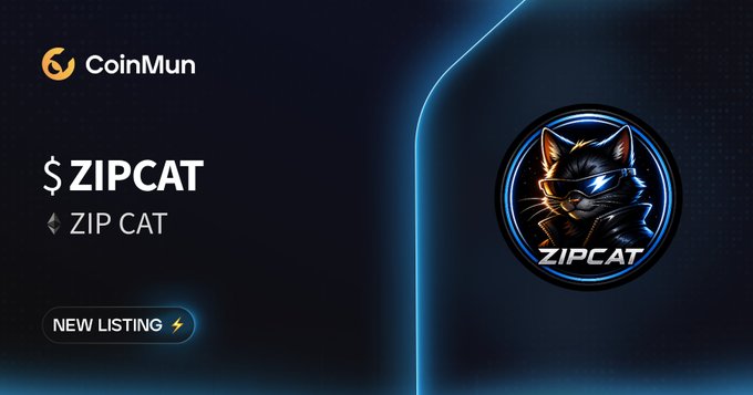 A CoinMun cryptocurrency exchange announcement for '$ZIPCAT' (ZIP CAT) marked as 'NEW LISTING', featuring a stylized black cat mascot wearing sunglasses in a blue glowing circular badge.