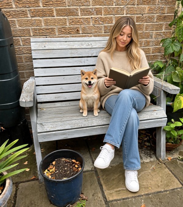 A woman in a beige sweater and jeans sits on a weathered wooden garden bench reading a book, accompanied by a small tan dog, with potted plants nearby.