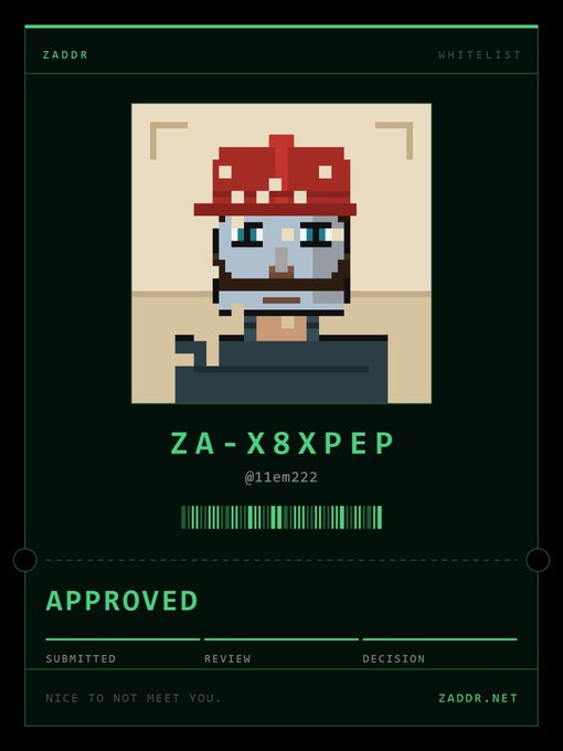A pixel art card on ZADDR.NET showing a character with a red mushroom hat, approved as whitelisted under ID ZA-X8XPEP by user @11em222.