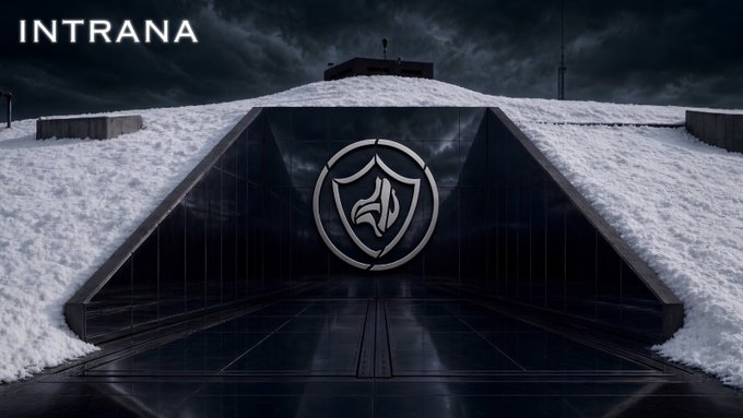 The word 'INTRANA' appears in the top left corner of an image showing a dark, futuristic bunker entrance set into a snowy hillside, featuring a silver circular emblem with a stylized animal head.