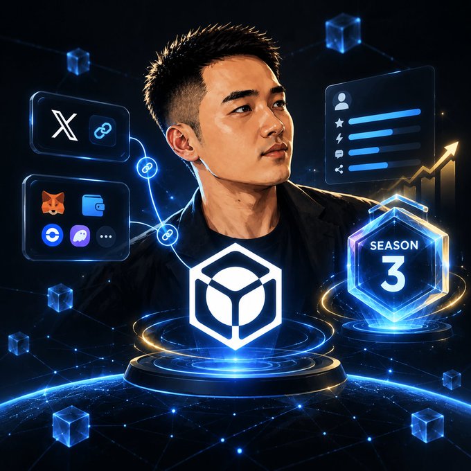 A promotional graphic featuring a young man surrounded by app icons, a glowing hexagonal logo, and a 'SEASON 3' badge on a futuristic dark blue background.