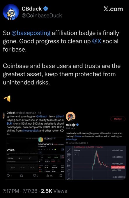 A screenshot of a tweet from @CoinbaseDuck (@CoinbaseDuck) celebrating the removal of @baseposting's affiliation badge to "clean up @X social for base," quoting a now-blocked post by @0xlock about @Mleejr allegedly being $3M into $MLFI and an embedded market cap chart showing $0.00006023. The caption reflects the poster's framing of CBduck as a jealous coward who targeted them after receiving the same Base posting badge.