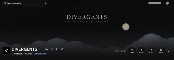 A website banner for "DIVERGENTS - AN AI ART COLLECTION" on OpenSea, featuring a dark night sky with clouds and moon, with a countdown timer showing minting in 9 days, 6 hours, 7 mins, 36 secs.