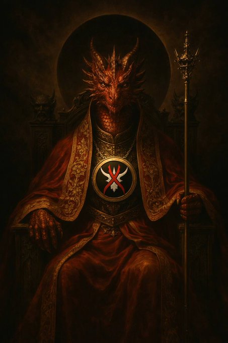 A regal red dragon sits enthroned in dark, ornate robes, gripping a golden staff, with an emblem on its chest displaying the Monero (XMR) cryptocurrency logo—a stylized red and white "M."

The image evokes Monero's dragon mascot and its reputation as a "king" of privacy coins, visually anchoring the post's theme of a cypherpunk privacy infrastructure spanning private money, private communication, and private commerce.
