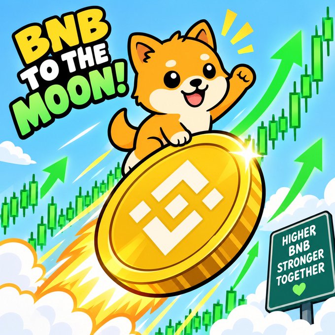 A cartoon Shiba Inu rides a rocket-propelled BNB coin into the sky amid rising green candlestick charts, with bold text declaring "BNB TO THE MOON!" and a billboard reading "HIGHER BNB STRONGER TOGETHER," visually echoing the post's optimism about $Babybonk and BNB's upward trajectory.