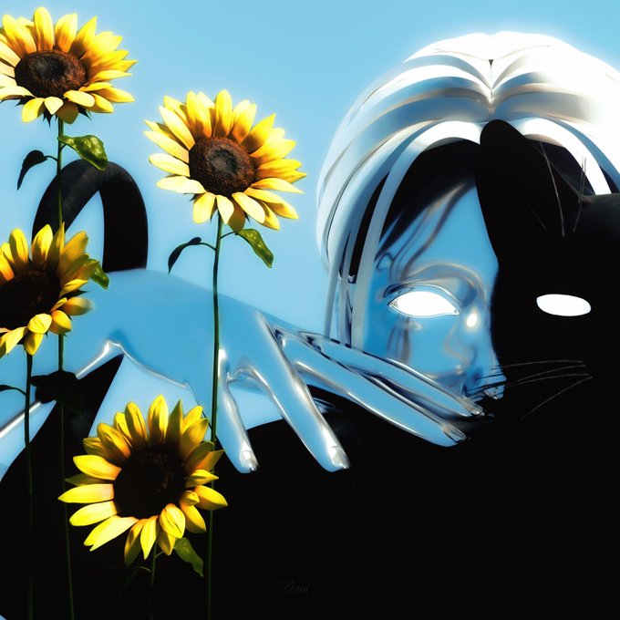 A stylized digital artwork featuring a metallic chrome face with glowing white eyes alongside sunflowers against a blue sky background, with the text '7CARL' visible.