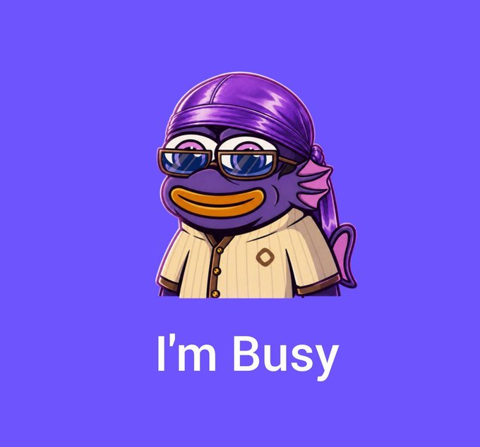 Purple Pepe cartoon character wearing glasses, a bandana, and a beige shirt with the caption "I'm Busy" on a purple background.