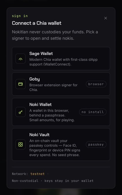 The image shows a "Connect a Chia wallet" sign-in modal for Nokitlan, displaying four wallet options: Sage Wallet, Goby (browser extension), Noki Wallet (no install, for small amounts), and Noki Vault (passkey-secured, no seed phrase), all set to testnet. This directly illustrates the post's announcement of new wallet options, showcasing the available choices—particularly Noki Wallet and Noki Vault—for easily getting started on the Nokitlan platform.