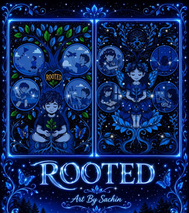 An artistic illustration titled 'ROOTED' by Sachin features a boy with a plant and a fairy-like figure in a blue-toned, stained-glass style design.