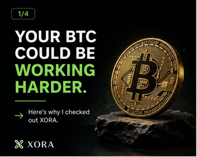 An advertisement showing a gold Bitcoin coin on a rock with the text 'YOUR BTC COULD BE WORKING HARDER. Here's why I checked out XORA.' featuring the XORA logo and '1/4' in the corner.