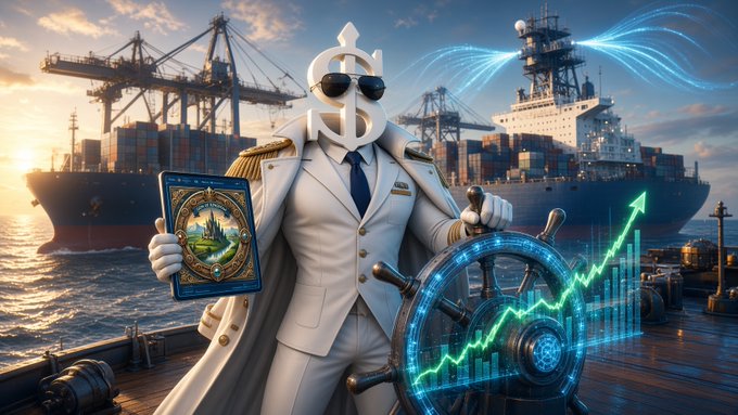 An AI-generated image of a captain wearing a US dollar sign hat and sunglasses, holding a card and steering a ship's wheel with an upward stock chart, set against a port background.